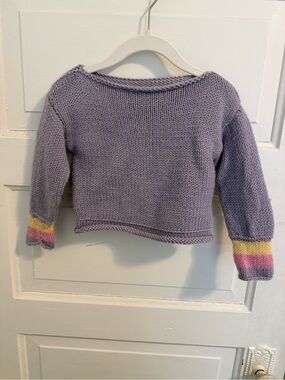 Lilac Knit Crewneck Sweater with Pink and Yellow Cuff Stripes